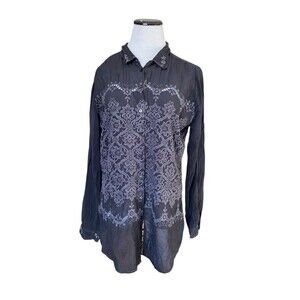 Johnny Was Embroidered Button Down Size M Black Eyelet Boho Santa Fe Luxury Chic